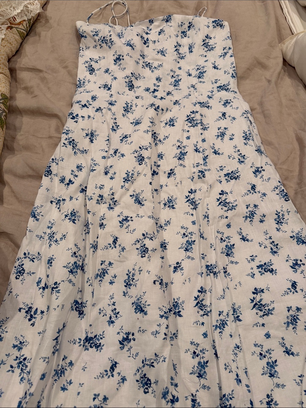 Reformation Ivory Floral Drawstring Dress with Blue Print